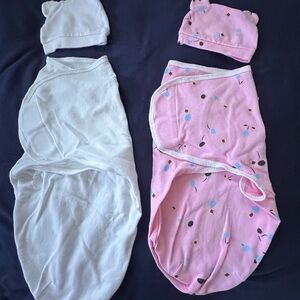 Pink and White Baby Swaddle Set with Caps